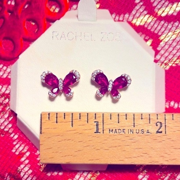 Brand New Rachel Zoe Sterling Silver Magenta Butterfly Post Earrings - Picture 9 of 12